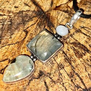 Crystal Pairing of Prehnite, Labradorite & Moonstone Pendant 2 1/2”